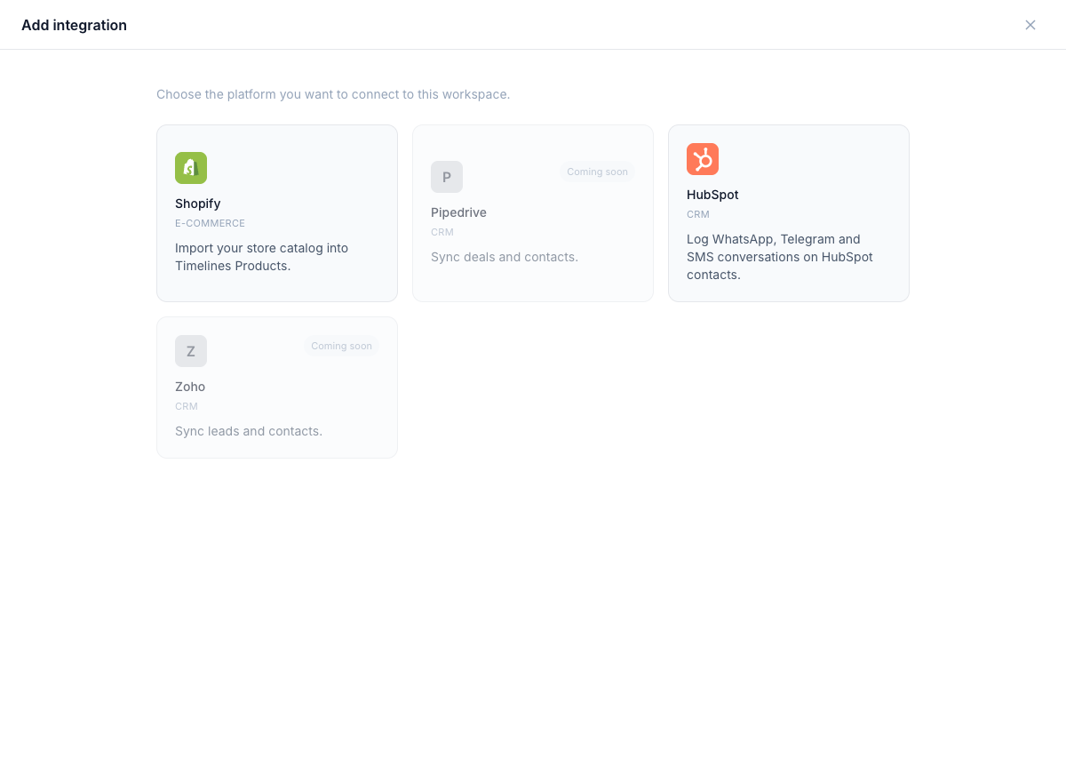 The Add integration screen in Timelines with HubSpot selected