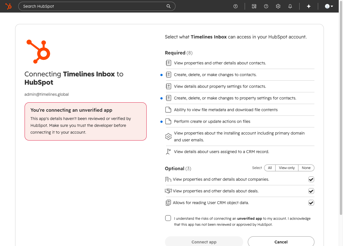 HubSpot asking to approve the Timelines Inbox app permissions