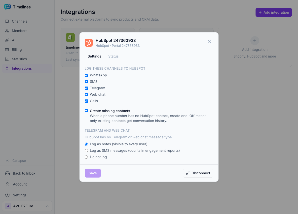 The HubSpot settings in Timelines: channels to log, create missing contacts, Telegram handling