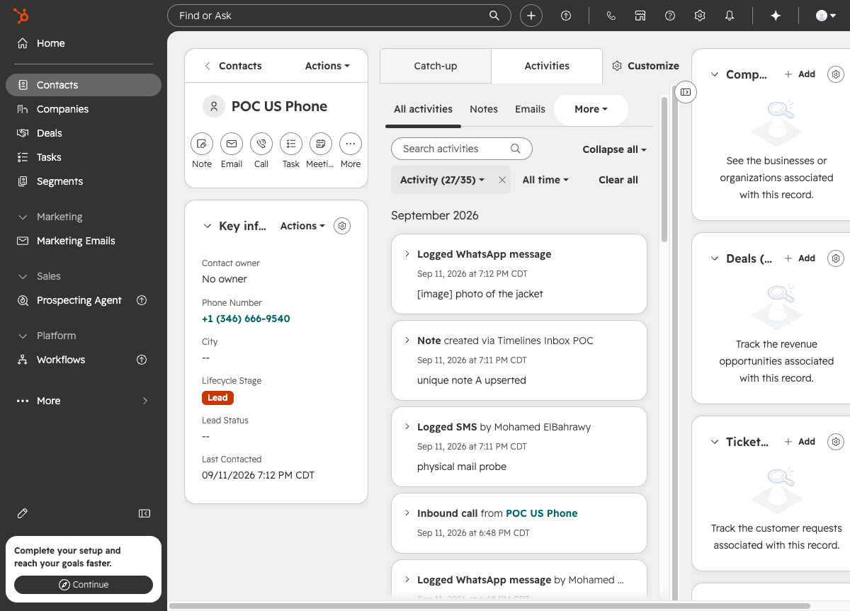 A HubSpot contact record showing logged WhatsApp messages, an SMS, a note and an inbound call from Timelines