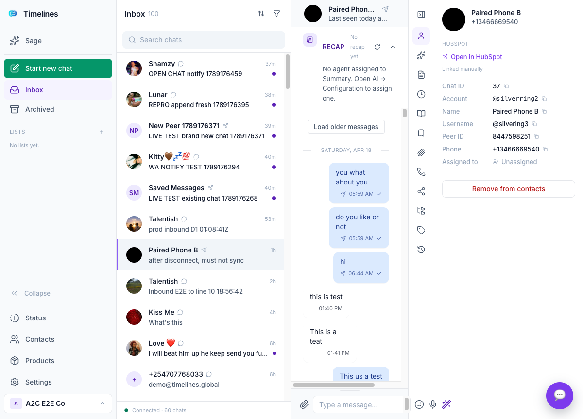The Timelines inbox with an Open in HubSpot link in the contact panel