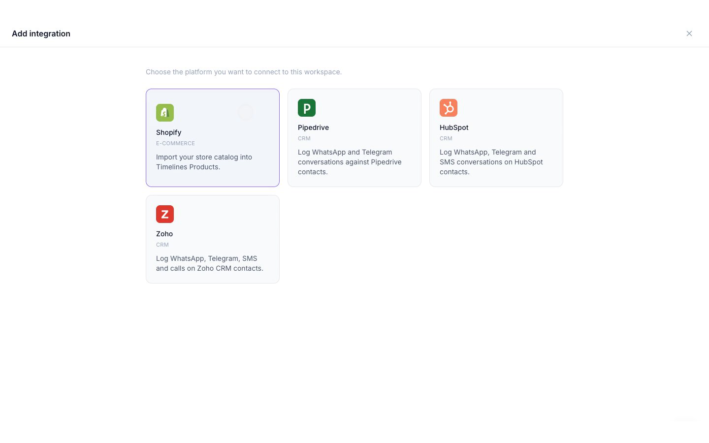 The Integrations page in Timelines with the Add integration dialog open and HubSpot selected