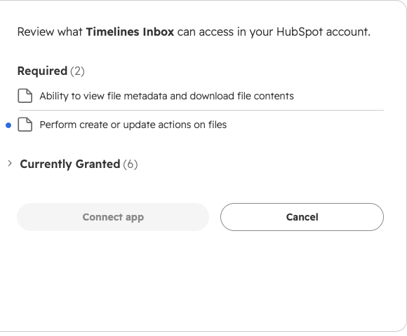 The HubSpot screen asking to connect the Timelines app to a HubSpot account and listing the permissions it requests