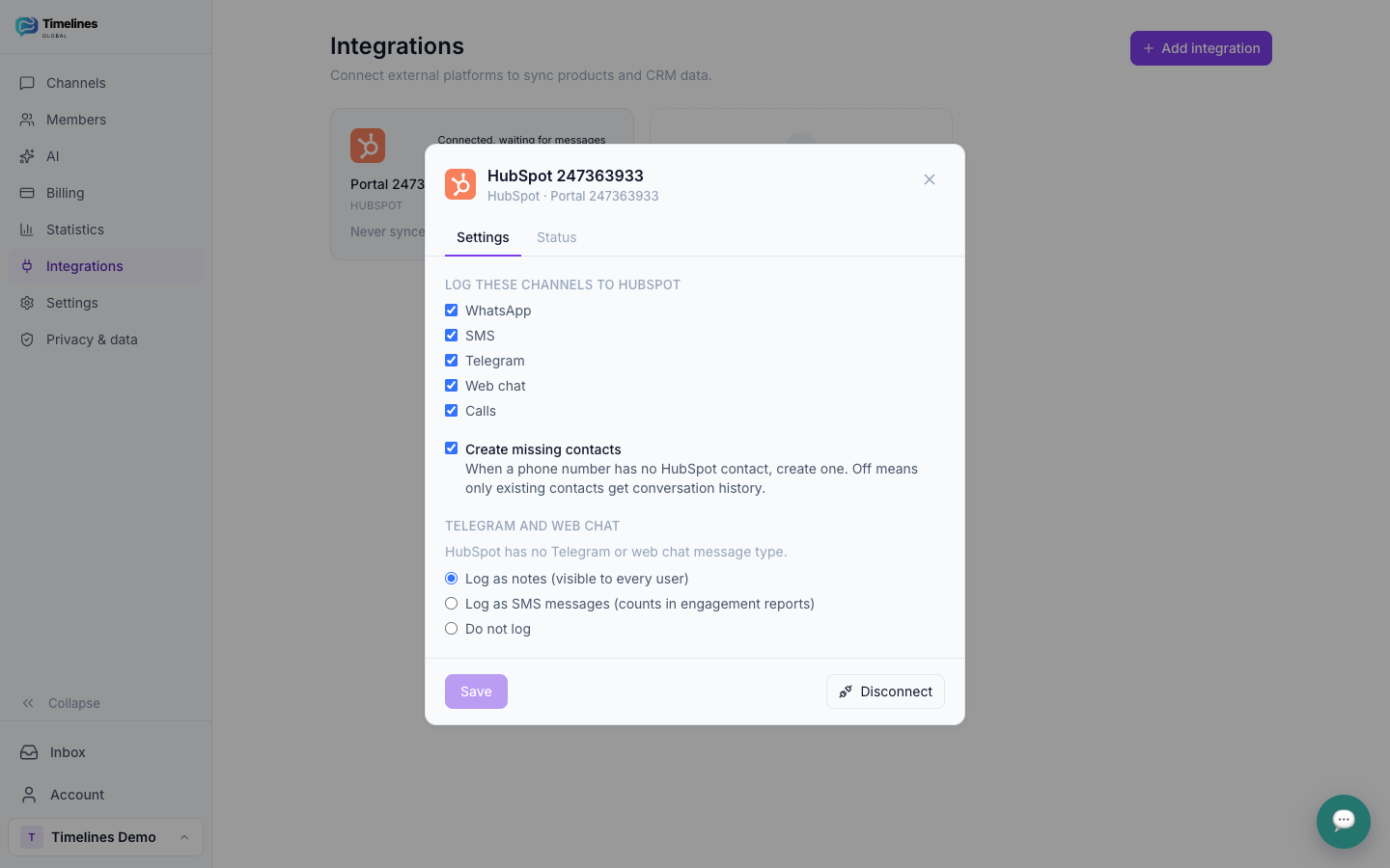 The HubSpot settings in Timelines after connecting: channels to log, create contacts for new numbers, and how to log Telegram and web chat