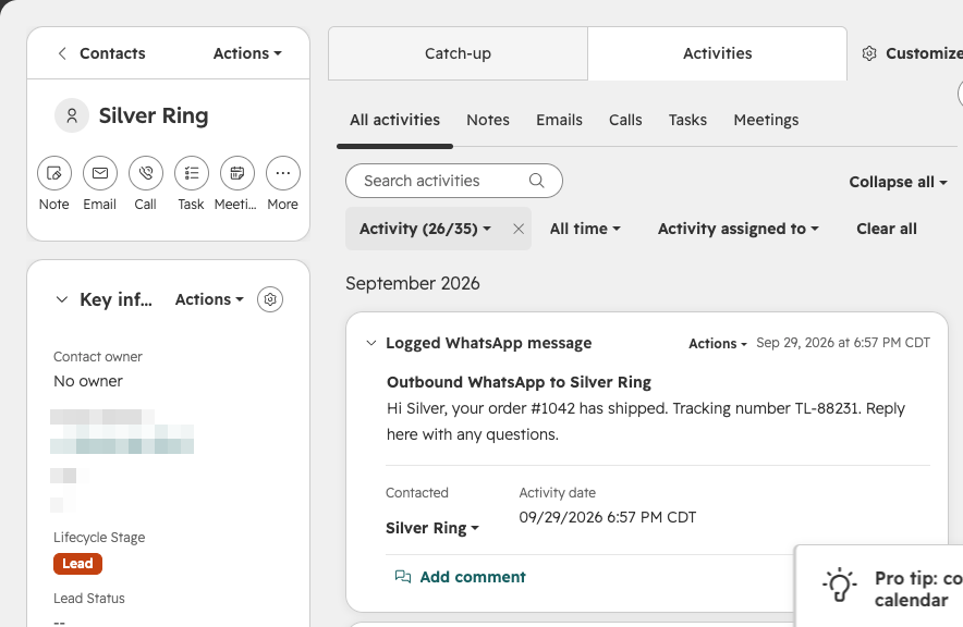 A HubSpot contact record with the WhatsApp message Timelines logged on its activity timeline