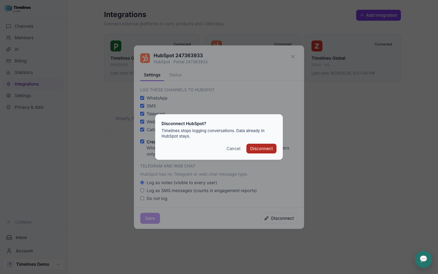 The Disconnect HubSpot confirmation in Timelines, explaining that data already in HubSpot stays