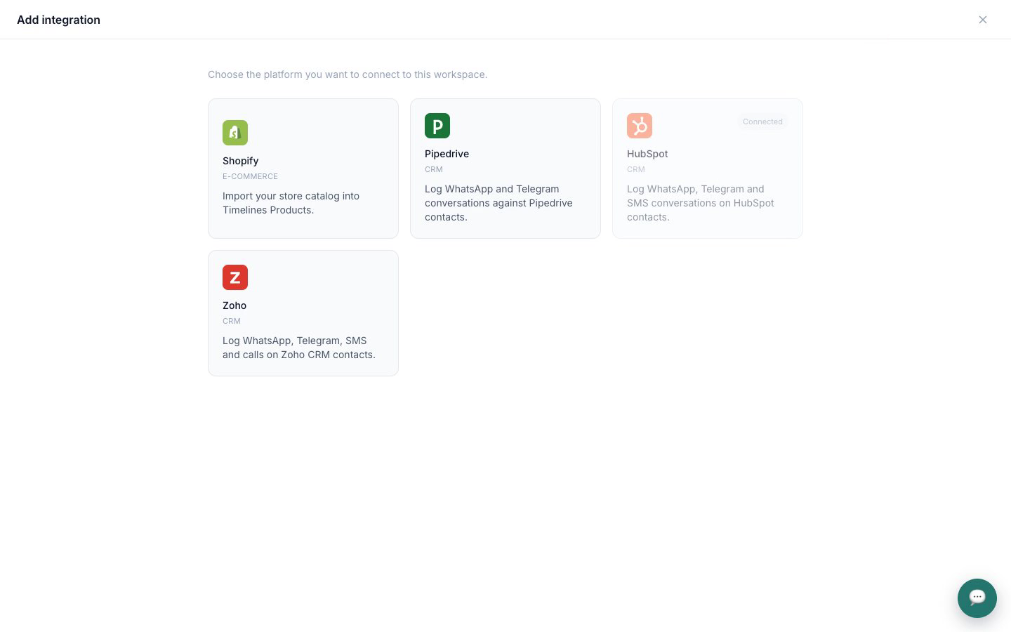 The Integrations page in Timelines with the Add integration dialog open and Zoho CRM selected