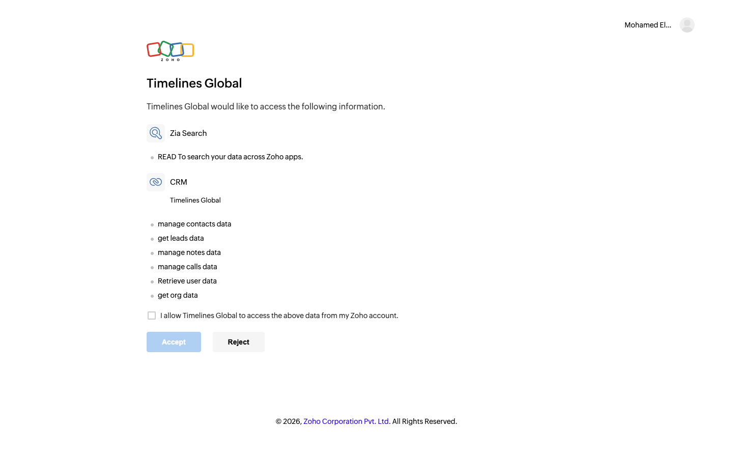 The Zoho screen asking to allow Timelines Global to access Zoho CRM, listing the permissions it requests