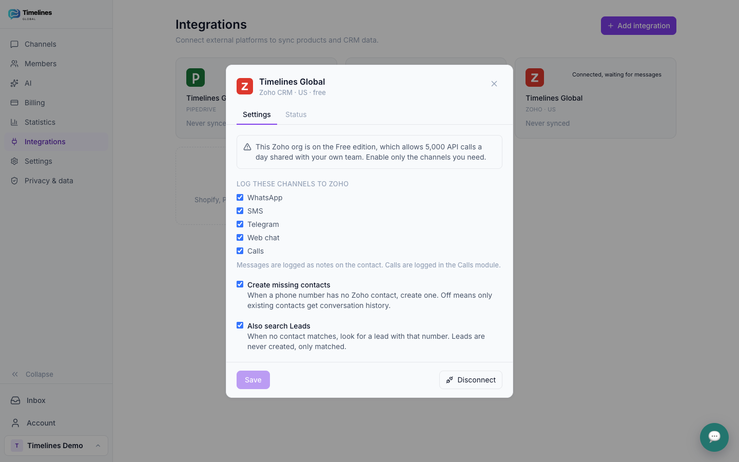 The Zoho CRM settings in Timelines after connecting: channels to log, create contacts for new numbers, and also search Leads