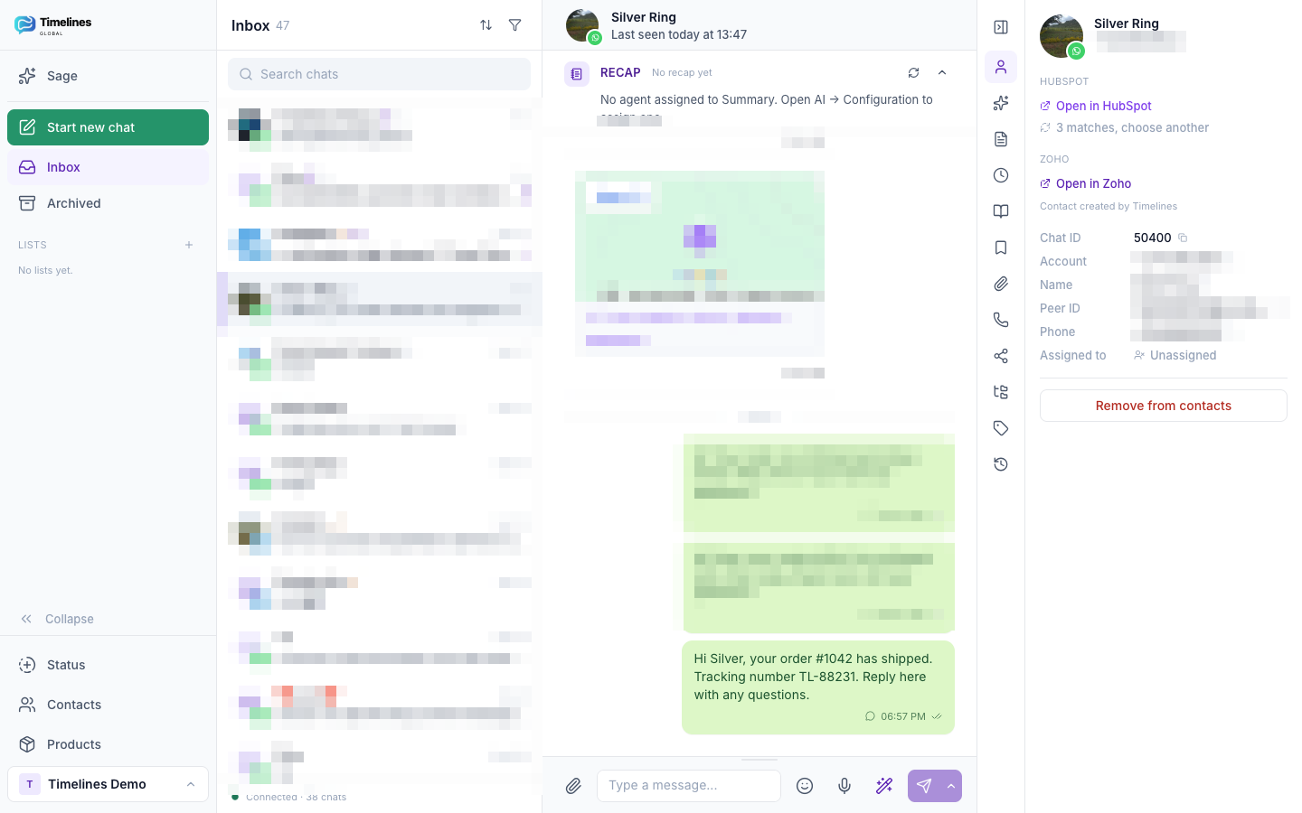 The Timelines inbox with the Zoho section in the chat panel, showing the linked record and the Open in Zoho link