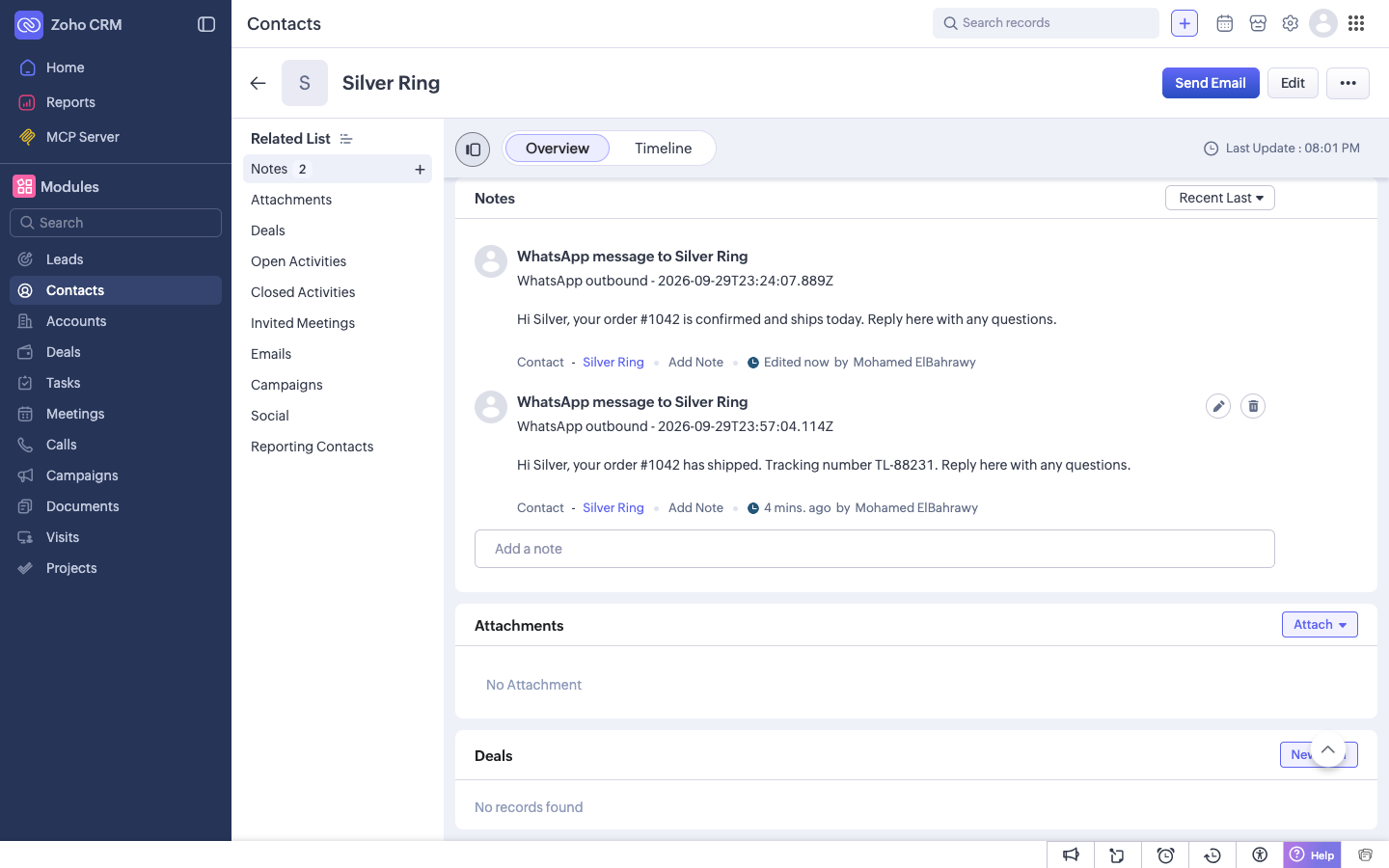 A Zoho CRM contact with the WhatsApp messages Timelines logged as notes