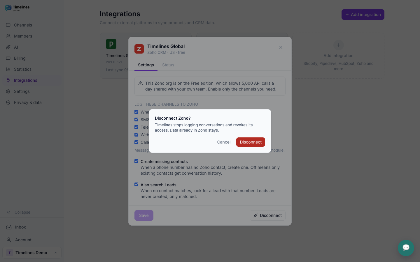 The Disconnect Zoho confirmation in Timelines, explaining that Timelines revokes its access and data already in Zoho stays