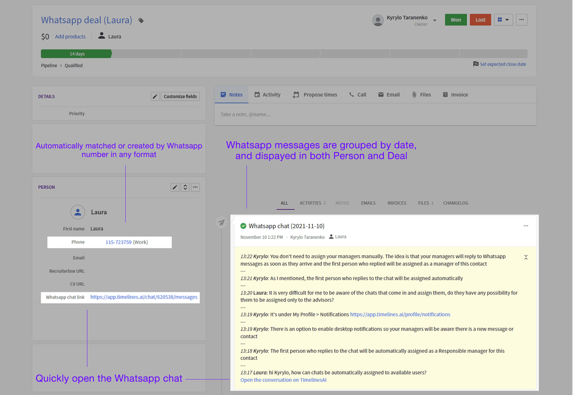 WhatsApp and Pipedrive integration syncing messages to deals